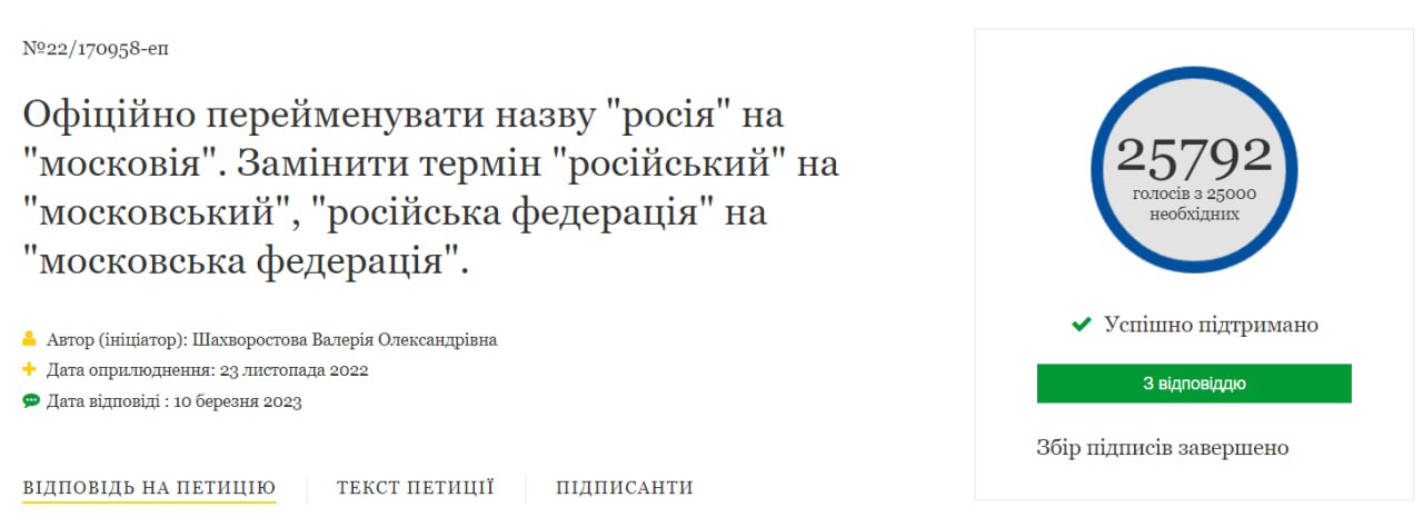 На Украине рассмотрят петицию, предлагающую переименовать России в Московию