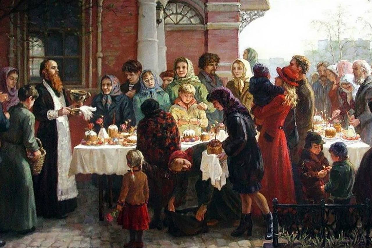 Пасха в 1974 году. Маковский молебен на Пасху 1887-1888. Освящение куличей на Руси картины.